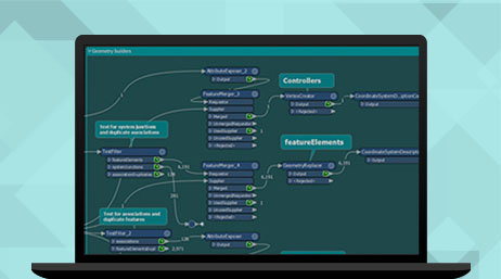 A graphic of a laptop monitor displaying a flow chart in blue and teal