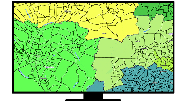 A graphic of a computer monitor displaying a regional map with different areas shaded in green, yellow, and blue