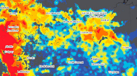 A heat map in blue, yellow, orange and red against a dark gray background
