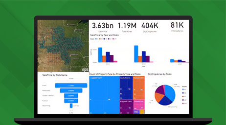 Graphic of a laptop monitor displaying a map dashboard with a map of farmland and several graphs on a green background