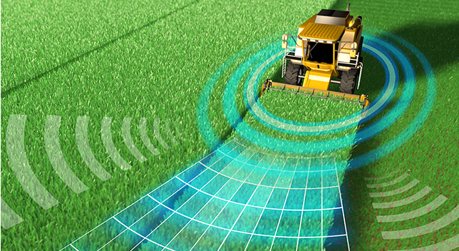 A composite photo of a tractor in a green field projecting a grid and radial lines indicating sweeping sensors