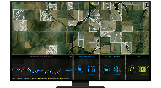 A graphic of a computer monitor displaying a map dashboard with a map of green farmland, a graph, and vegetation statistics
