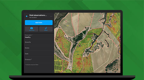 Graphic of a laptop monitor displaying a map dashboard with an aerial map of farmland alongside a legend