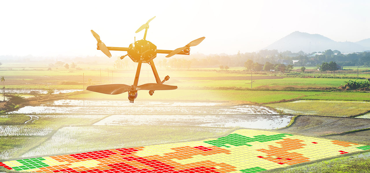 A composite photo of a large sunlit farmland with an overlay of a colorful heat map grid as a drone flies overhead
