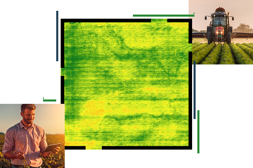 Un mapa de calor en verde y amarillo, superpuesto a una foto de un aspersor en un campo y una foto de una persona de pie en un pasto usando una tablet