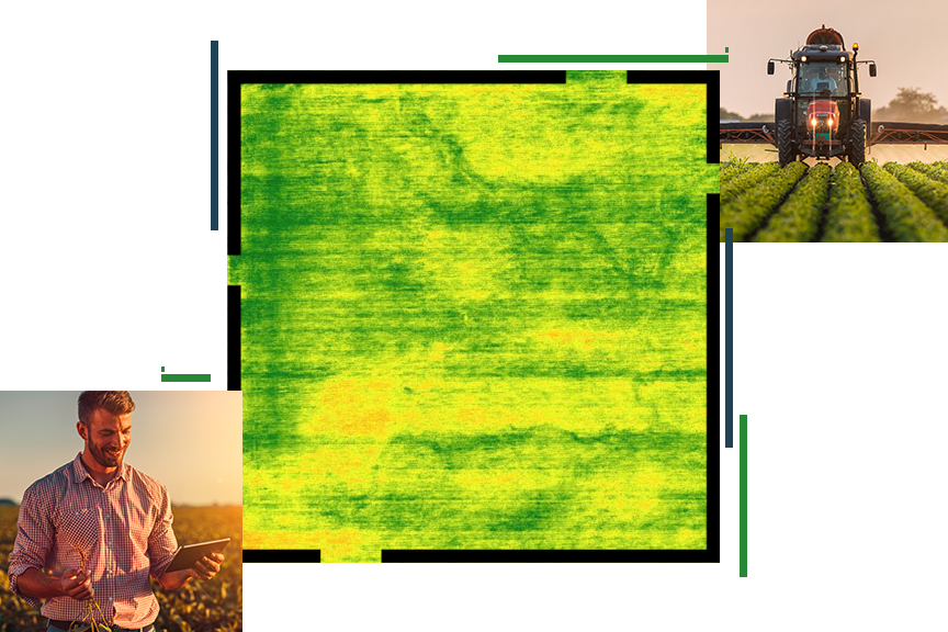 Um mapa de aquecimento em verde e amarelo, sobreposto com uma foto de um pulverizador em um campo e uma foto de uma pessoa em um pasto usando um tablet