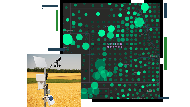 A concentration map in green on a black background, overlaid with a photo of a crop sprayer in a field of wheat