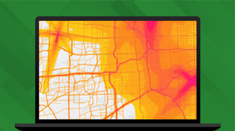 Graphic of a laptop monitor displaying a street map in orange and white with a heat map overlay in pink on a green background
