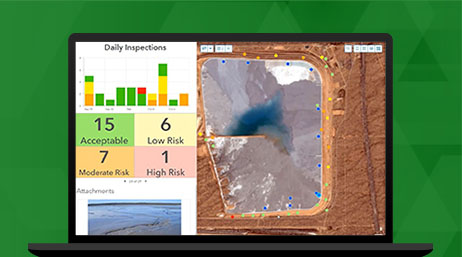 A laptop displaying ArcGIS Dashboards, a split screen of a daily inspections of the site, and an aerial image of the site