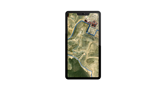 A smart phone showing an aerial view of ground transportation for mining trucks and shows the real-time fleet tracking that helps reduces driving and idle time
