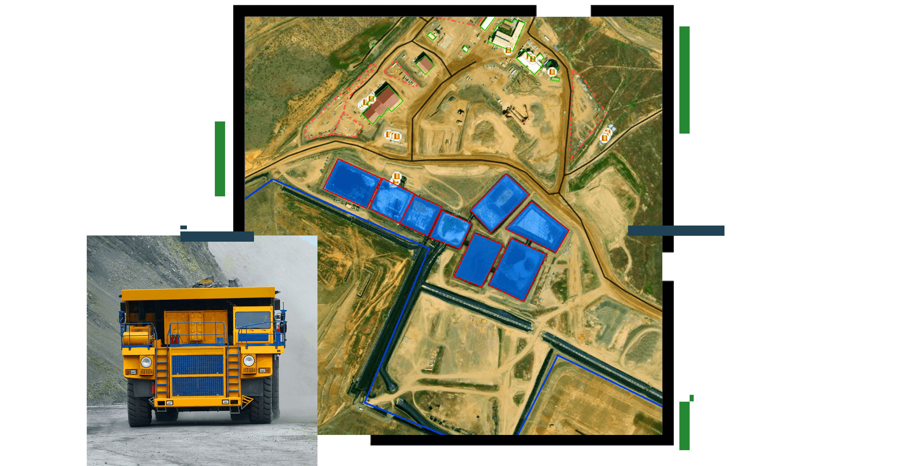 Giant yellow dump truck driving in a quarry, and a map outlining areas of interest in the quarry