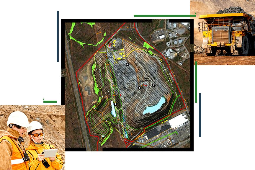 Fieldworkers looking at a tablet, aerial view of a work site with red and green lines, and a yellow dump truck transporting dirt