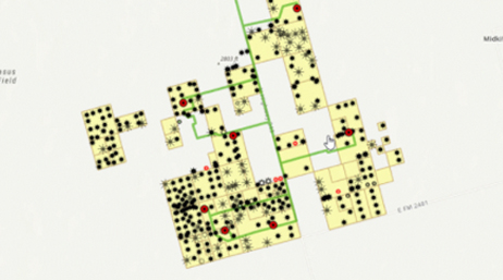 A building map in yellow and green scattered with black map points