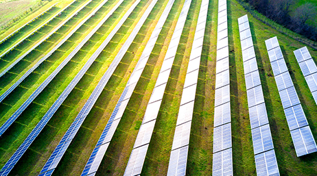 An aerial photo of a green field covered in rows of shining solar panels reflecting a blue sky