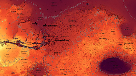 A map of mars in mottled red and orange