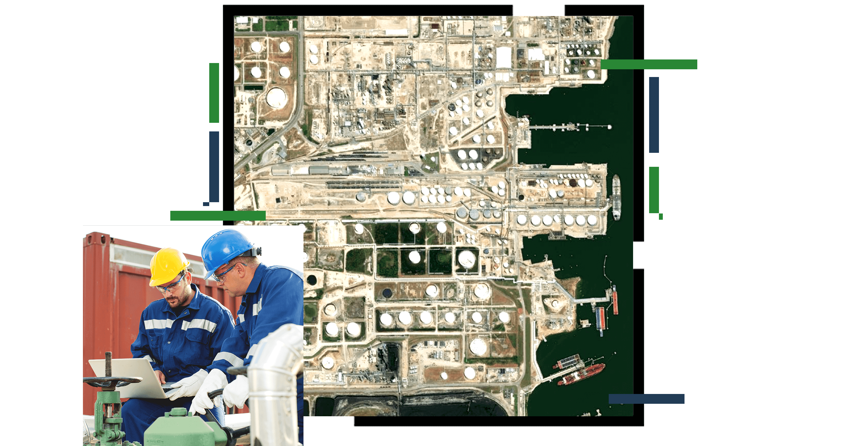 An aerial photo of a shipping port surrounded by dark green waters beside a photo of two people in hard hats discussing a paper map beside an orange shipping crate