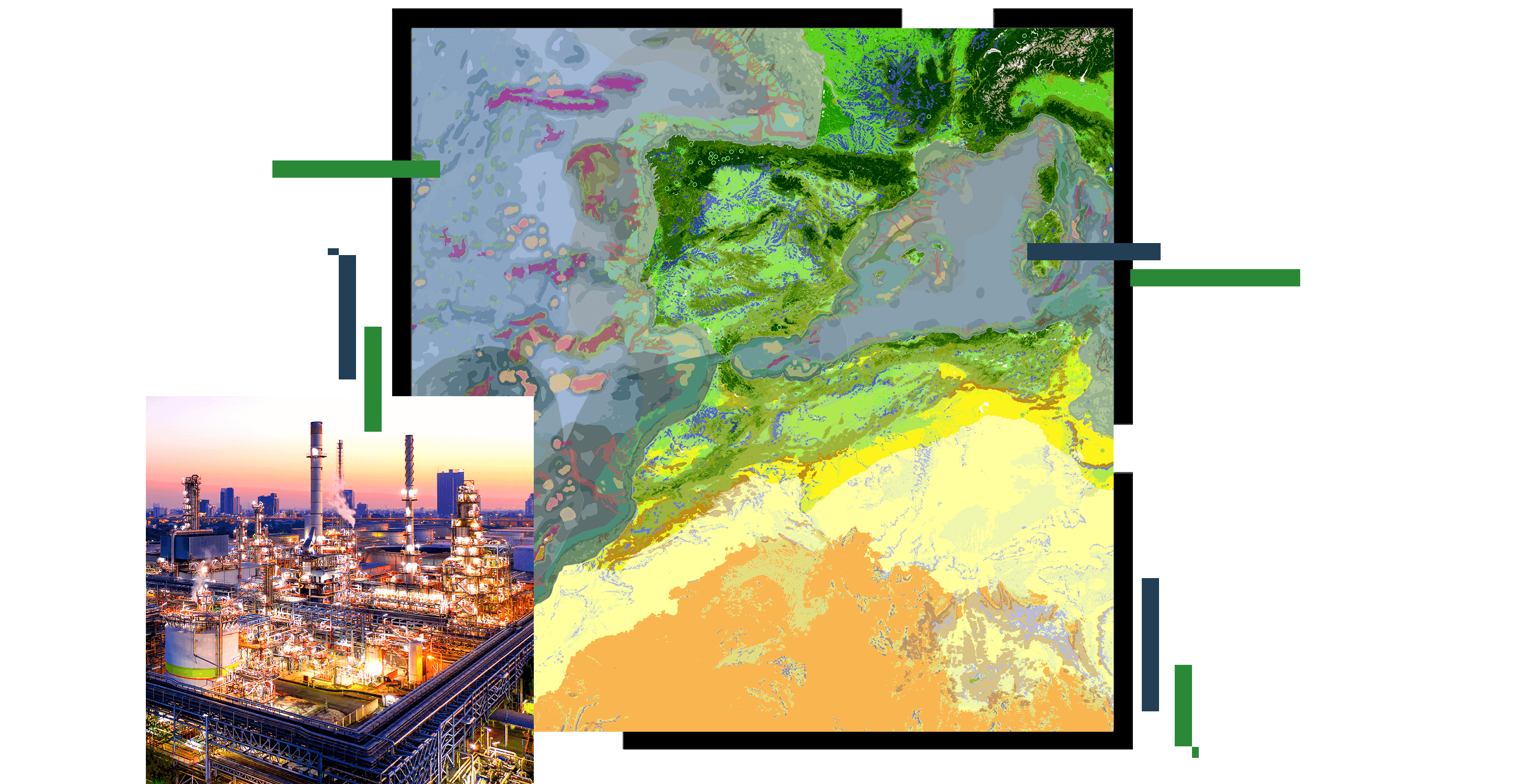 A heat map in yellow, blue, and green, and a photo of a busy city brightly lit against a pink sunset sky