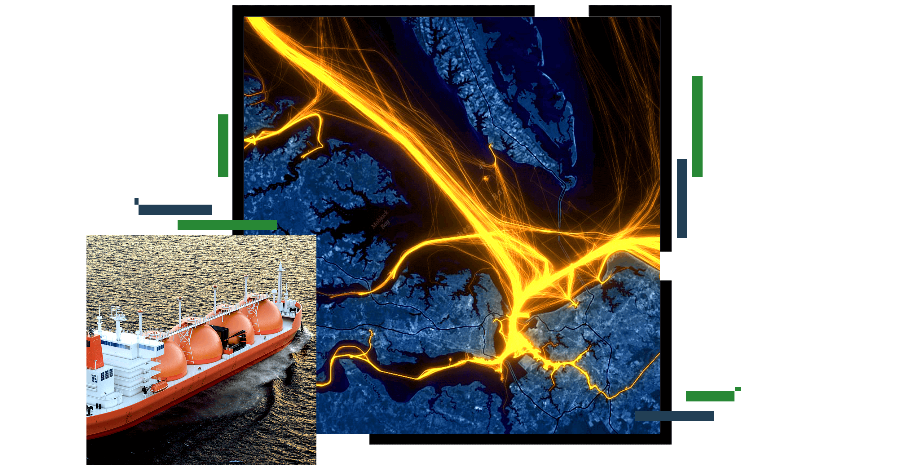 A map of a large waterway in dark blue and black with shipping lanes shown in glowing yellow, beside a photo of an orange and white liquid natural gas carrier ship moving through choppy black waters