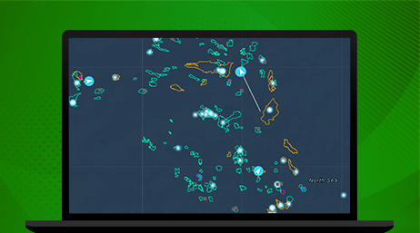 A graphic of a laptop monitor displaying a map of scattered green and orange islands on a slate blue sea overlaid with white map points