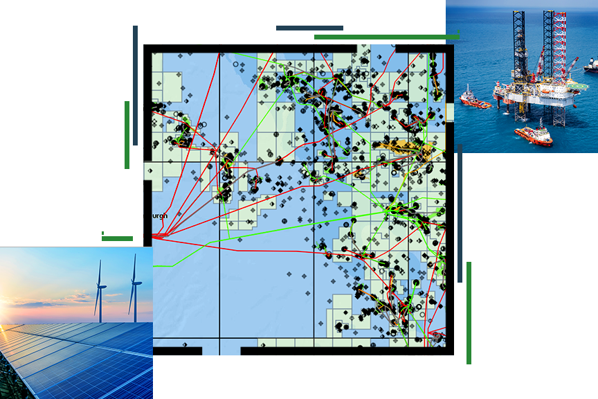 Um mapa com pontos dispersos em várias cores conectados por linhas vermelhas, ao lado de uma foto de uma plataforma de petróleo no mar cercada por barcos e uma foto de um painel solar brilhando ao sol