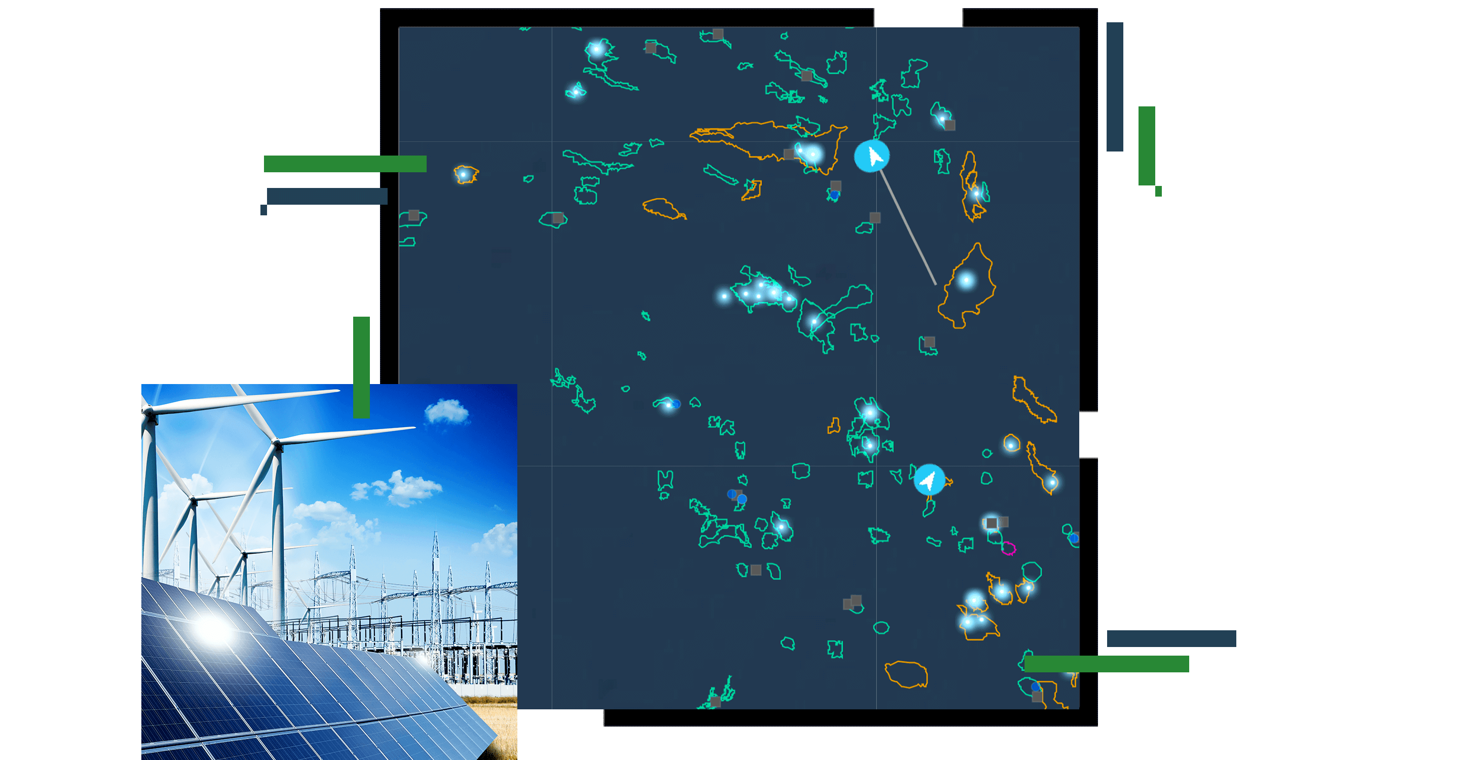 A concentration map of scattered islands on a dark blue ocean scattered with glowing white points, and a small photo of wind turbines and solar panels shining under a bright blue sky