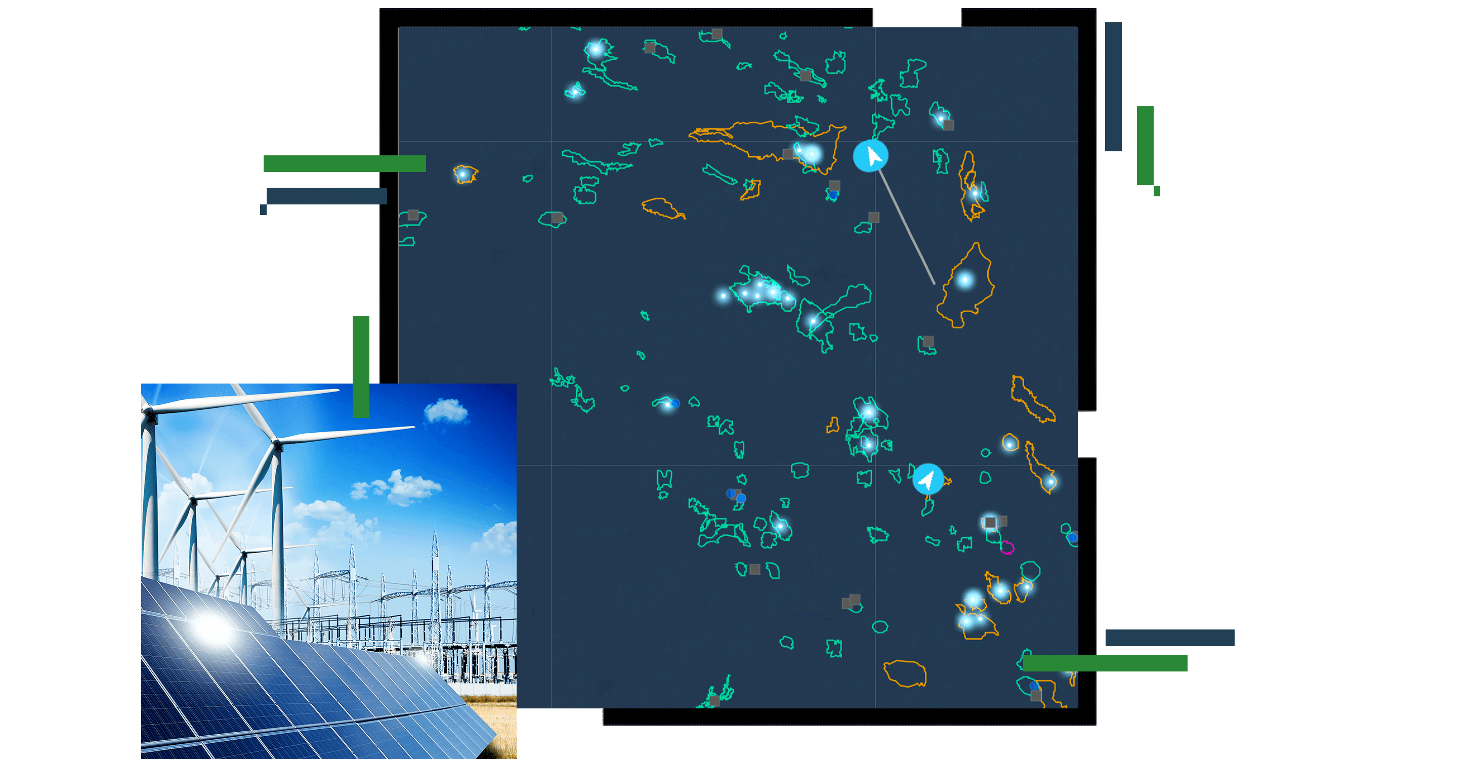 Mapa koncentracji przedstawiająca rozproszone wyspy na ciemnoniebieskim oceanie pokrytym jarzącymi się białymi punktami oraz małe zdjęcie turbin wiatrowych i paneli słonecznych pod jasnoniebieskim niebem