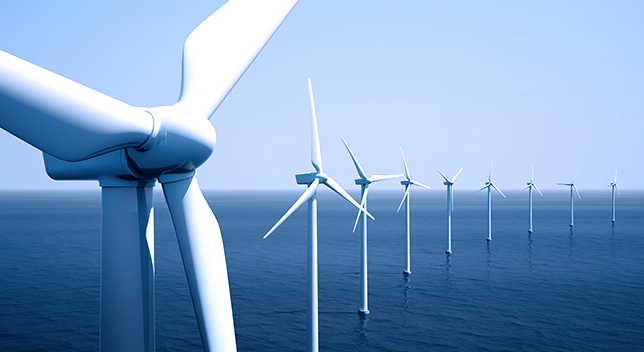 A graphic of a row of white wind turbines standing out of a still blue ocean under a clear pale blue sky