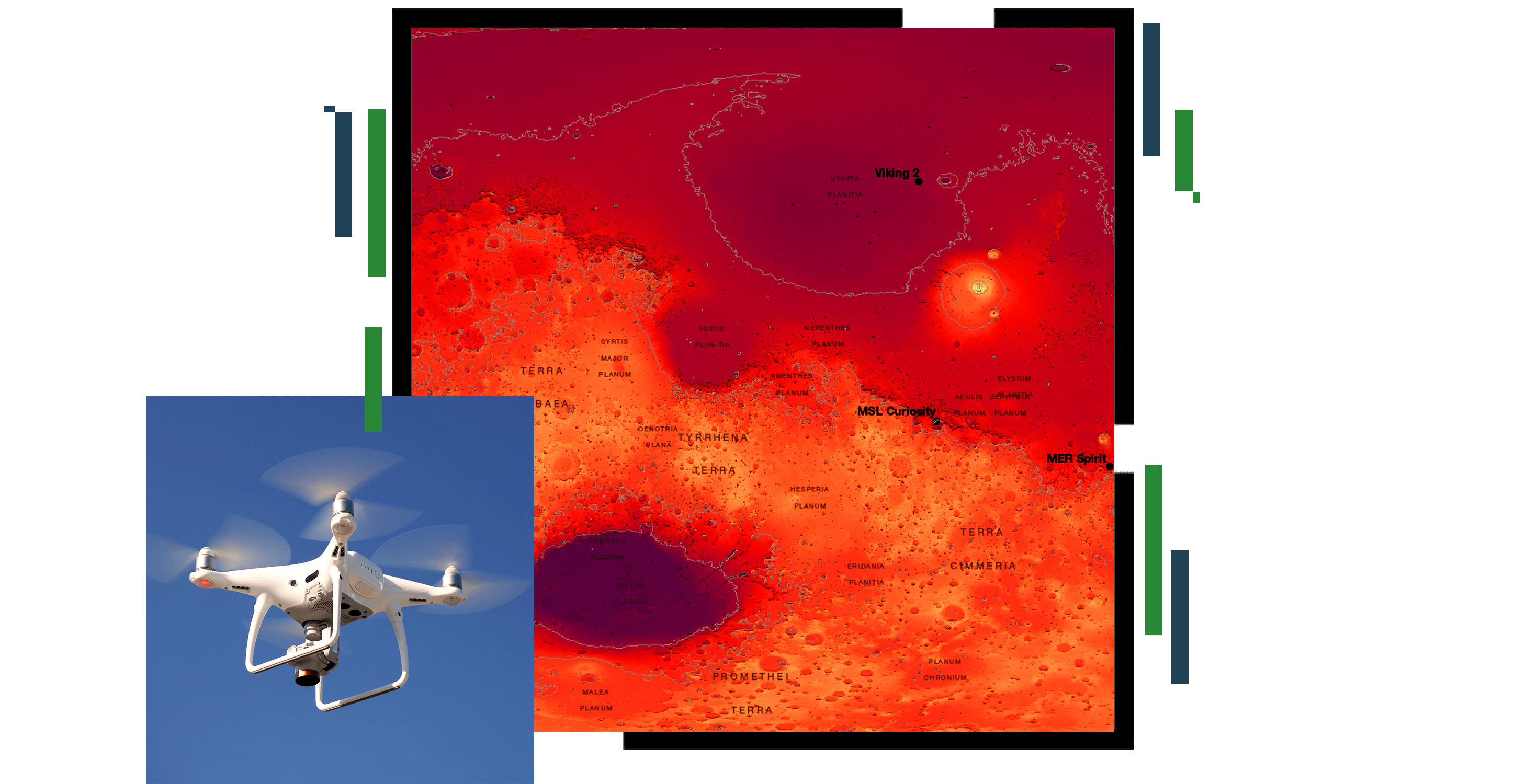 A heat map in vivid reds and oranges and a small photo of a white drone flying in a clear blue sky
