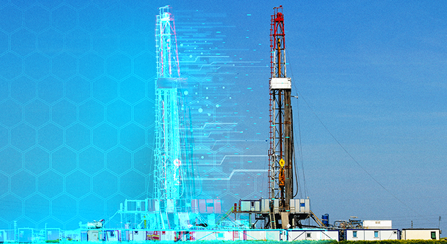 Graphic of a cell tower beside a glowing green afterimage on a background of a blue grid of hexagons
