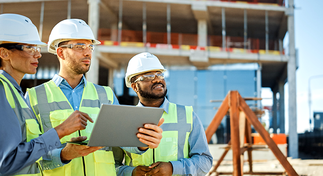 Three people in blue button-down shirts, hard hats, and safety vests share a laptop standing at a sunny construction site