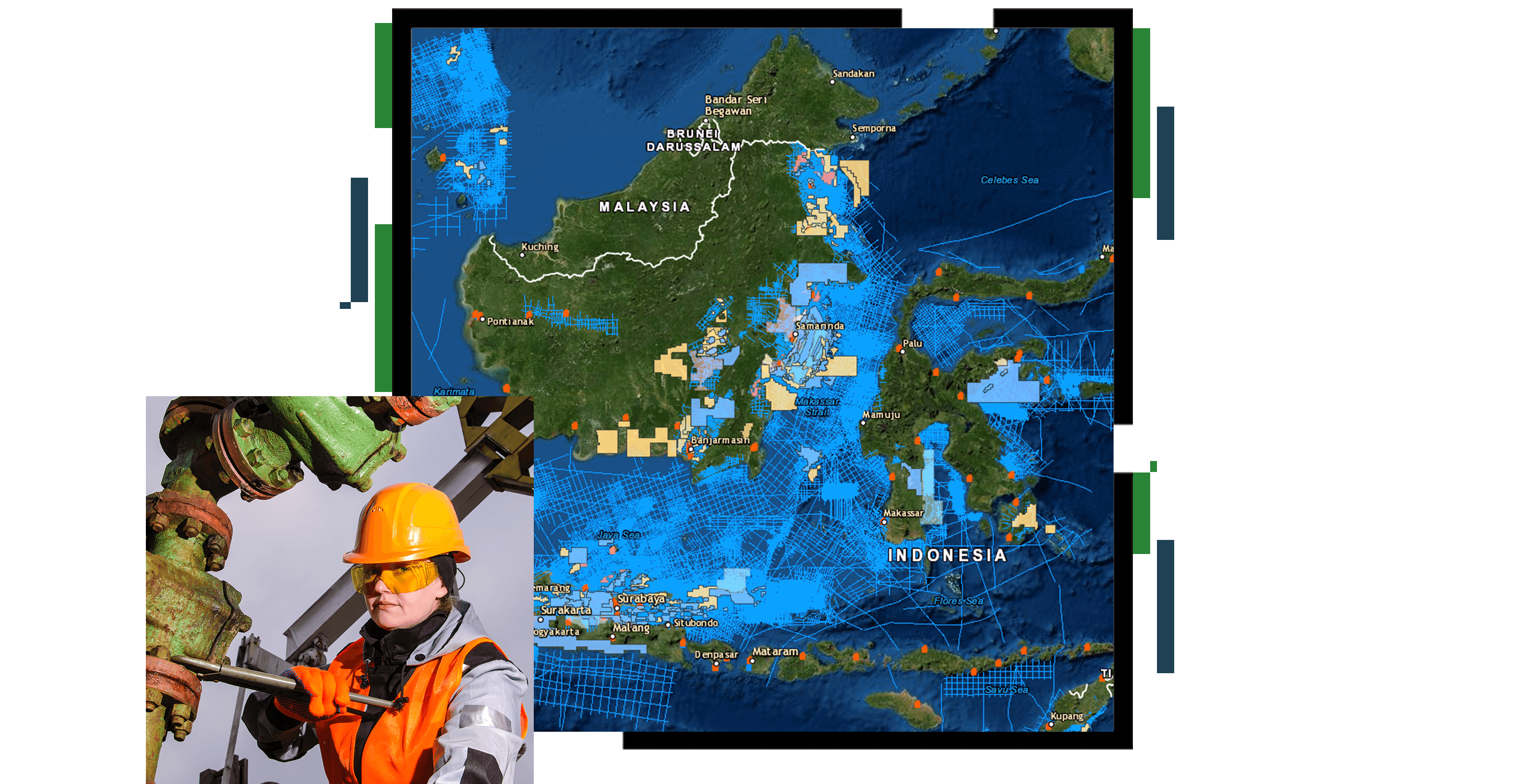A country map in green on a dark blue ocean beside a photo of a utility worker in a yellow hard hat working on the equipment