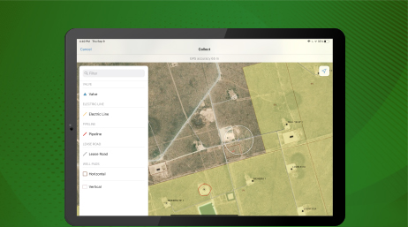 A graphic of a tablet displaying an aerial map of green and brown farmland alongside a legend of analysis options