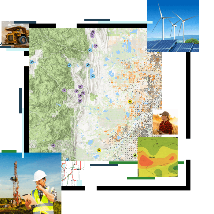 Collage of images with a green contour map, an aerial photo of thick green treetops, a heat map, a wind turbine, a dump truck, and two photos of people standing in fields using handheld tablets