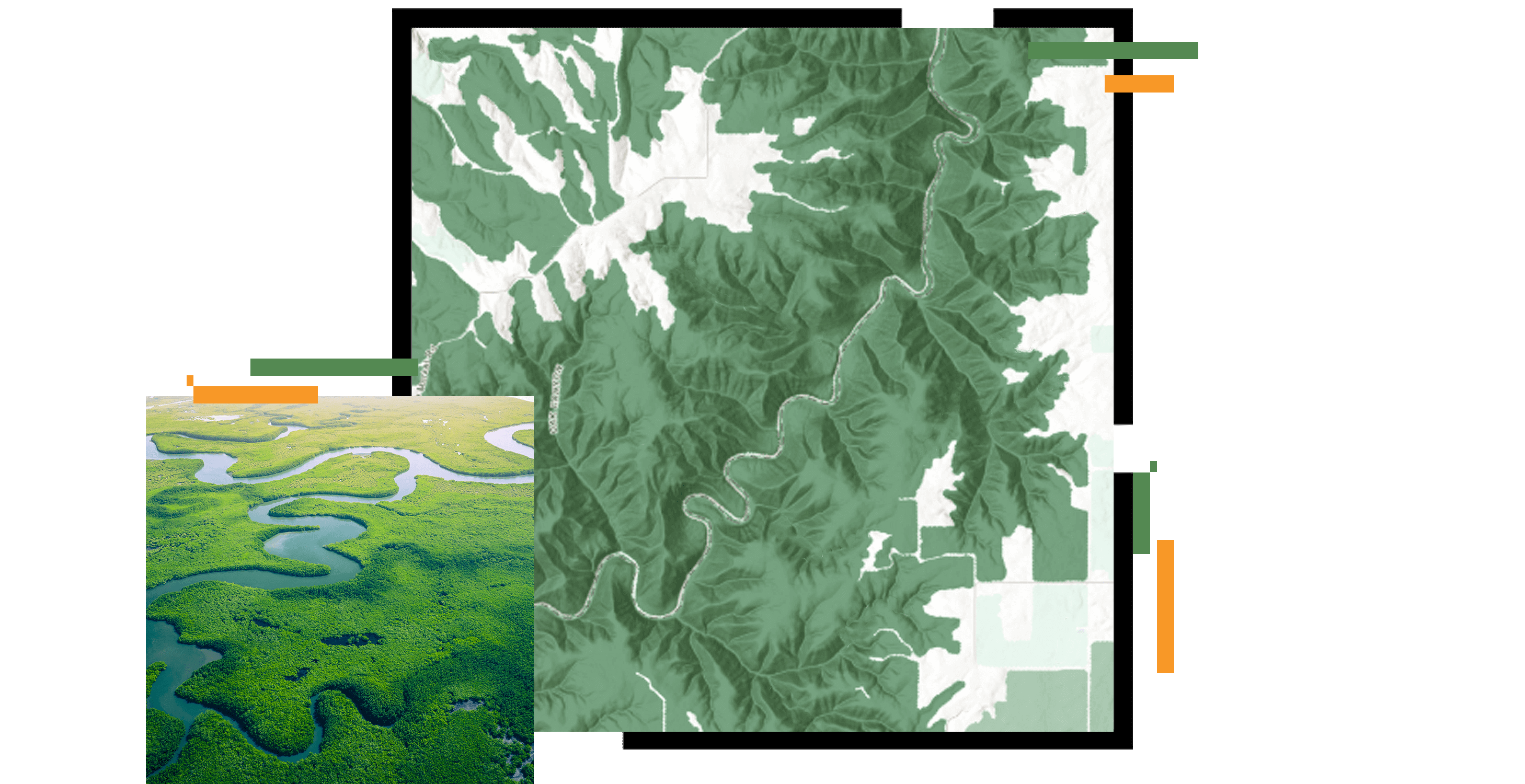 Foto di un corso d'acqua tortuoso e mappa verde e bianca di un corso d'acqua tortuoso