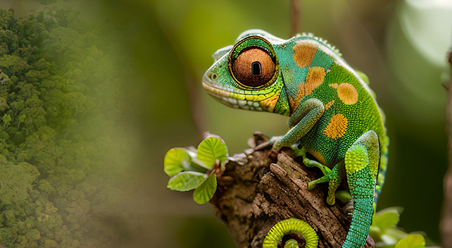 Photo en gros plan d’un gecko multicolore accroché à une branche sur laquelle poussent de petites feuilles vertes, sur un fond vert flouté