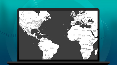 A graphic of a laptop monitor displaying a world map in white on a black background