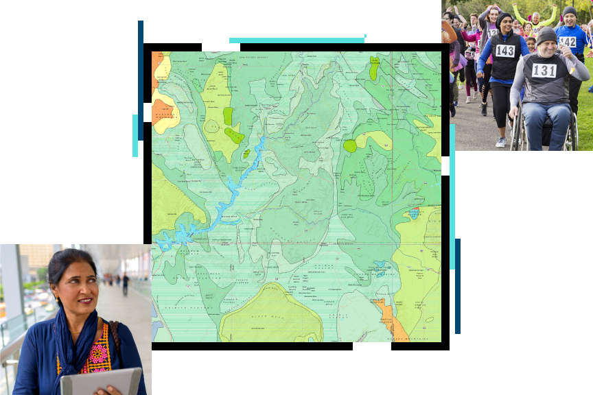 A topographical map in greens and yellows, beside a small photo of smiling marathon participants wearing numbered bibs crossing the finish line in a sunlit green park, and a small photo of a smiling person holding a tablet in a bright modern airport