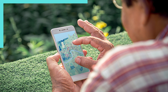 Una foto de una persona que viste una camisa de cuadros rosa y blanca y navega por un mapa en línea en un teléfono móvil sostenido en sus manos con un parque verde y soleado de fondo