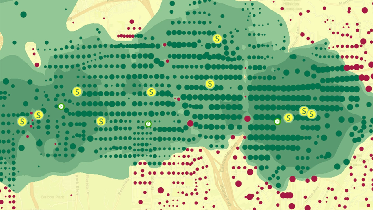 Mapa con círculos verdes y rojos