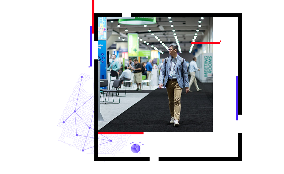 Person walking through an expo area at a convention center