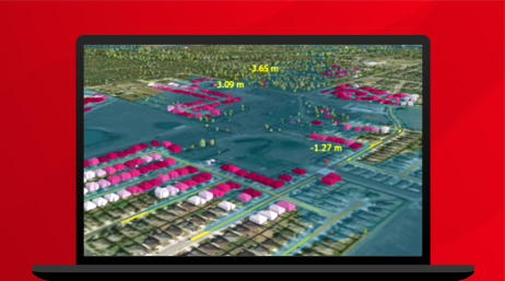 A graphic of a laptop monitor displaying 3D model of a coastal area in green and blue with sections shaded in pink and white