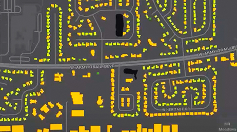 A screencap from the featured video showing a street map with points in yellow and green on a gray background