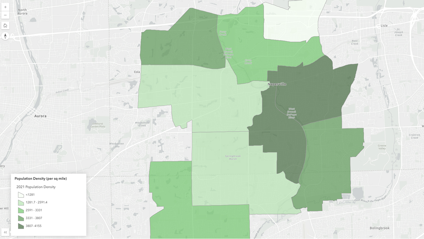 A population density map of Naperville, Illinois, showing different areas in varying shades of green overlaid with a play button