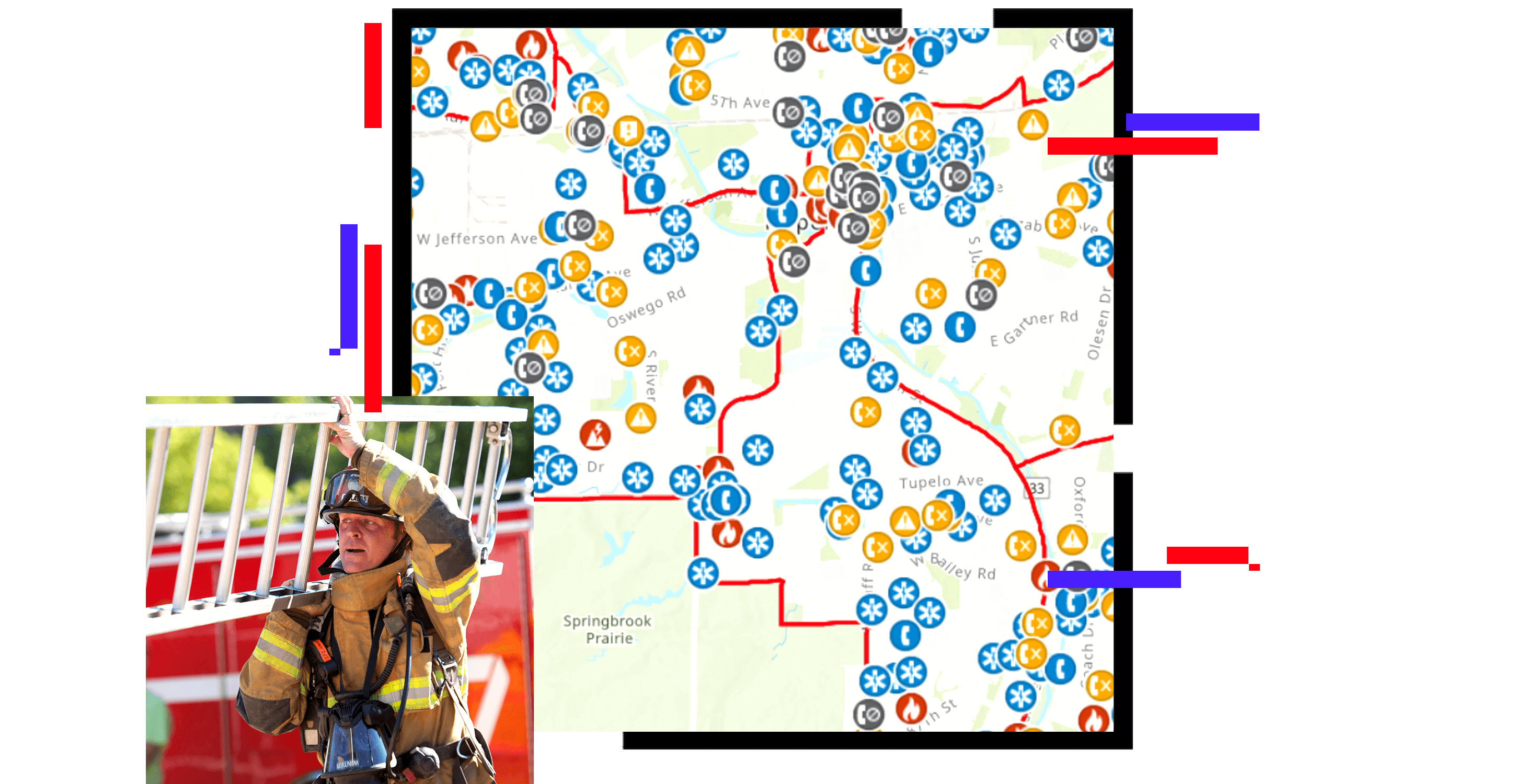 A city map scattered with incident alert points, overlaid with a photo of fire personnel carrying a ladder beside a fire truck