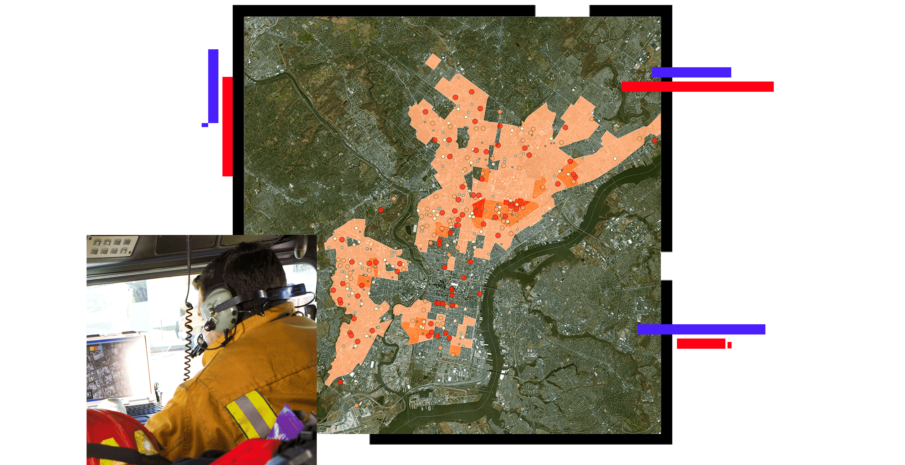 A contour map of a wooded area with sections shaded in gradients of orange, overlaid with a photo of fire personnel driving a fire truck while using a headset