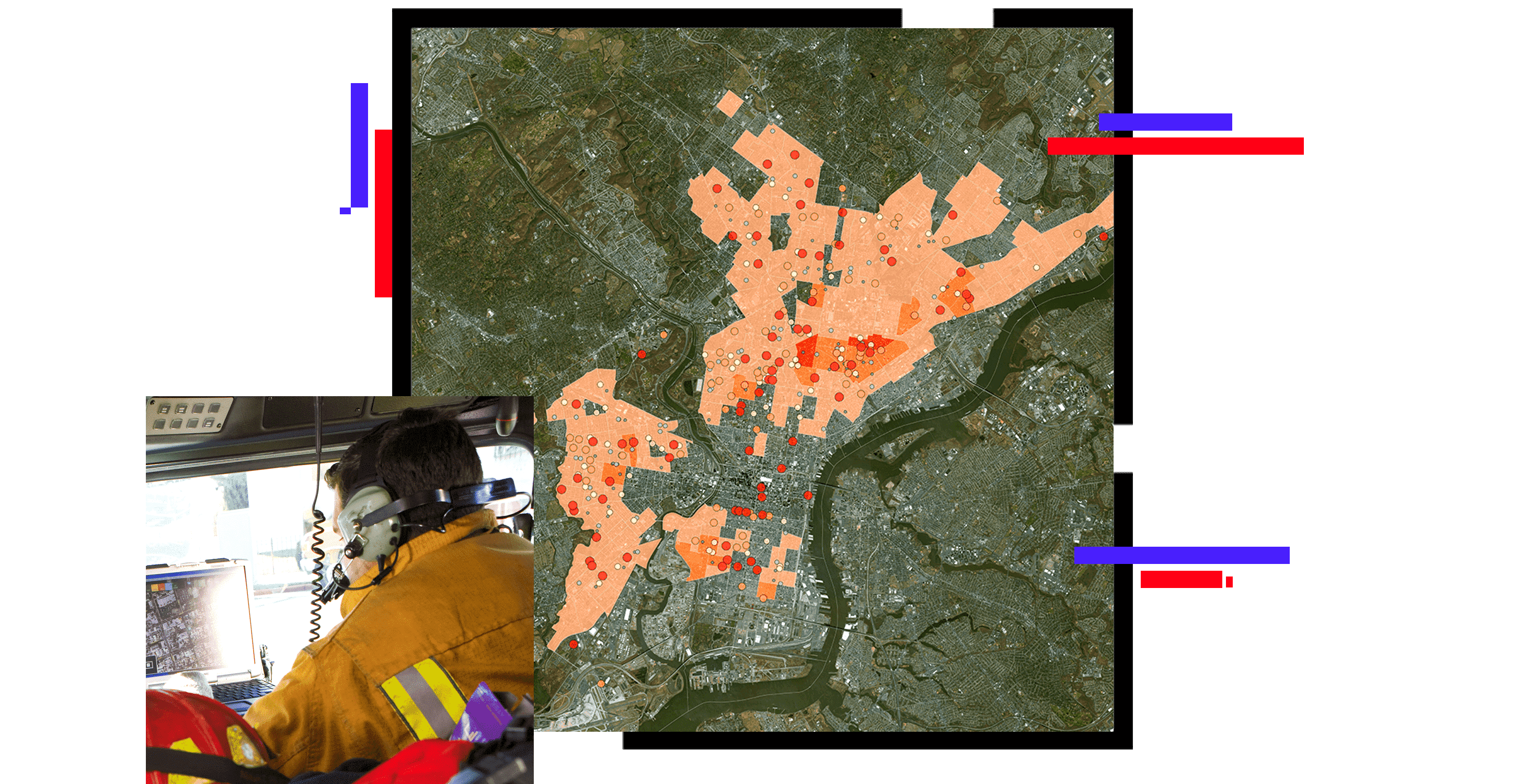 Um mapa de contorno de uma área arborizada com seções sombreadas em gradientes de laranja, sobreposto com uma foto de bombeiros dirigindo um caminhão de bombeiros usando um fone de ouvido