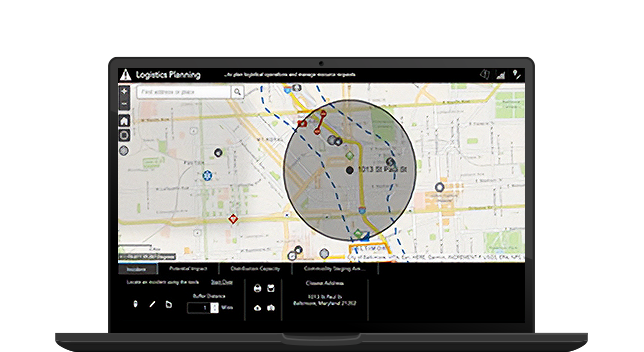 A graphic of a laptop monitor displaying a logistics planning dashboard with a city street map