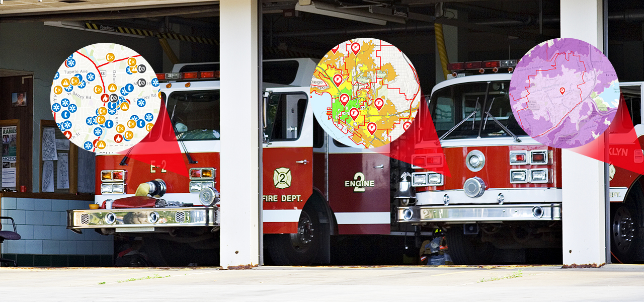 A photo of two red fire engines parked at the station, overlaid with three types of fire tracking maps in circular borders