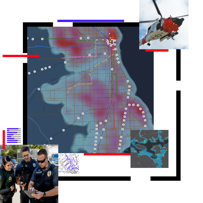 Un mapa de calor de una ciudad rojo y azul al lado de una foto de vehículos de emergencia con imágenes más pequeñas de agentes de policía utilizando una tablet, un helicóptero volando y varios mapas