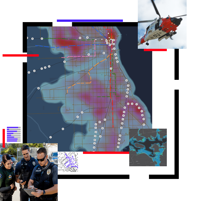 Mappa termica di una città in rosso e blu accanto a una foto di veicoli di emergenza con immagini più piccole di agenti di polizia che utilizzano un tablet, un elicottero in volo e diverse mappe